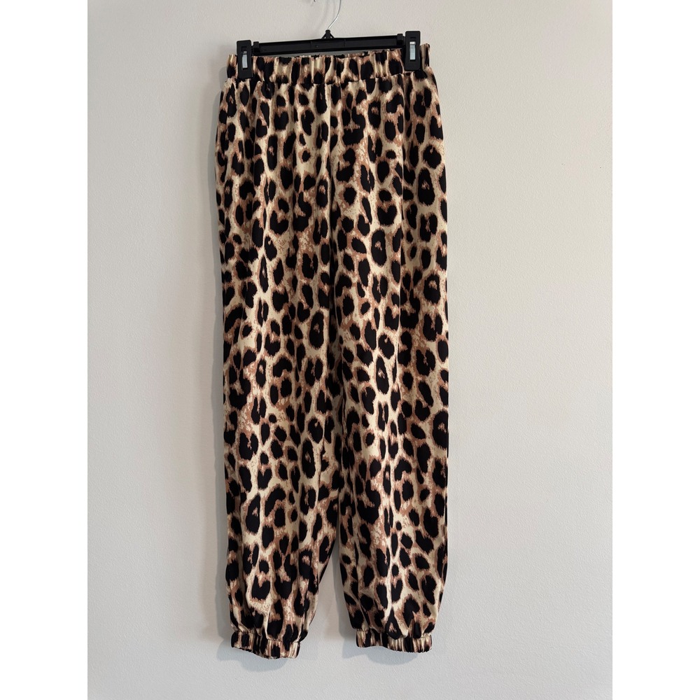 Emery Rose Leopard Print Jogger Pants Womens‎ Medium Brown Elastic Waist Cuffs